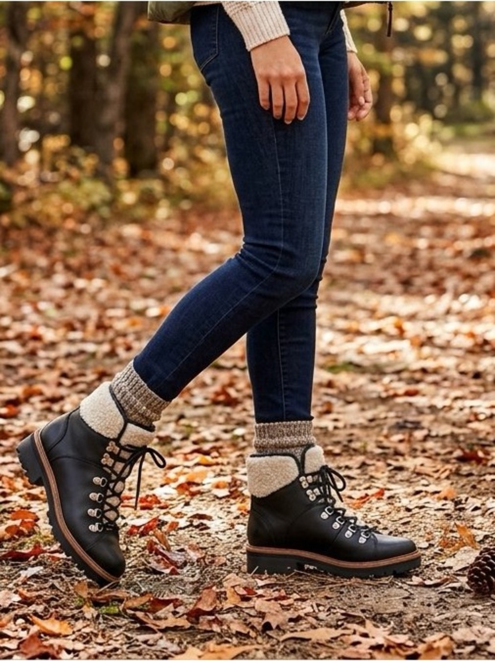 Marc Fisher Isalia Women's Black Lace-Up Hiker Boots with Cream Knit Cuff